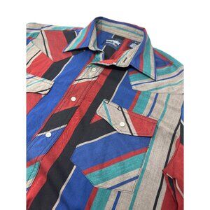 Wrangler Western Shirt Size Medium Pearl Snap Short Sleeve Blue Brown Burgandy